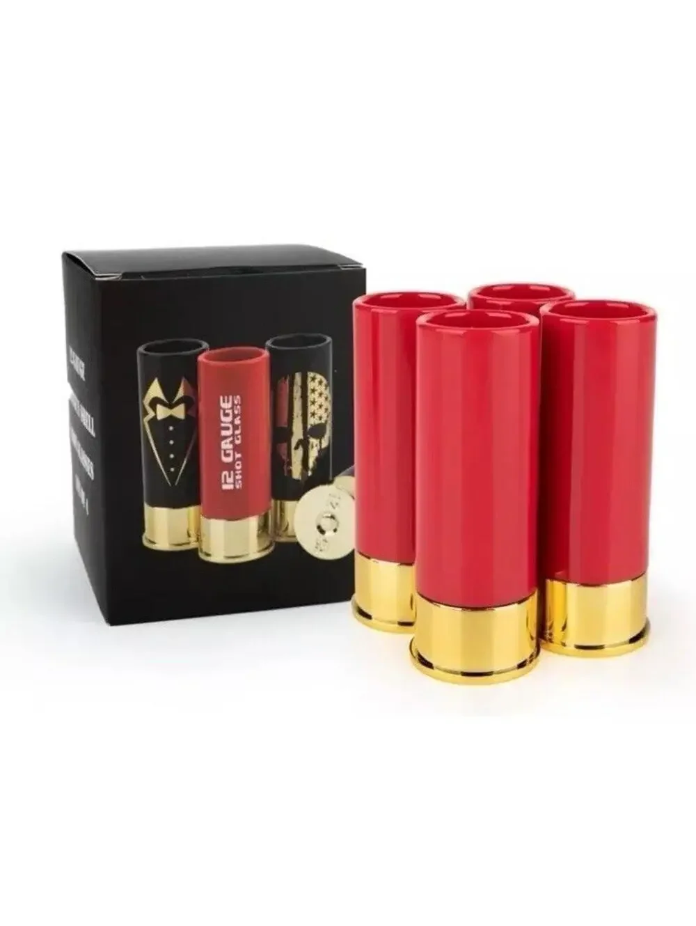 12 Gauge Bullet-Style Shot Glasses Red & Gold – Set of 4 Unique Drinkware New